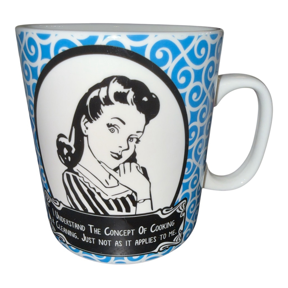 Humorous Retro Woman Coffee Mug with Cooking Quote, Blue and White Swirl Pattern